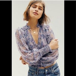 Free People Lavender Floral Sheer Peasant Blouse